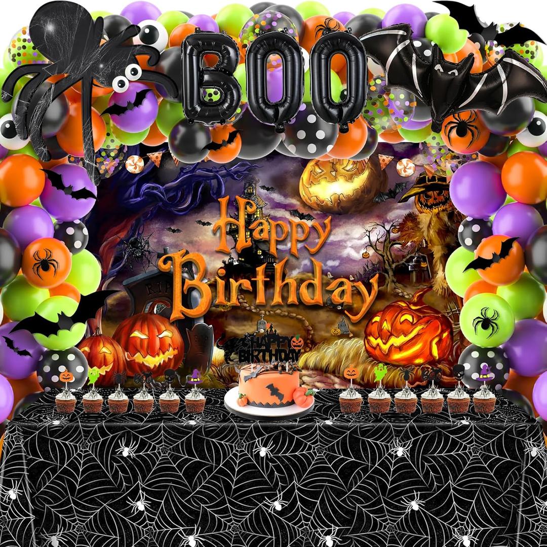 Halloween Birthday Decorations Party Supplies Halloween Themed Party Favors 105 Pcs Including Spider Web, Backdrop, Tablecloth, Cake Toppers, Spider Bat Wall Stickers, Balloons Arch and kit