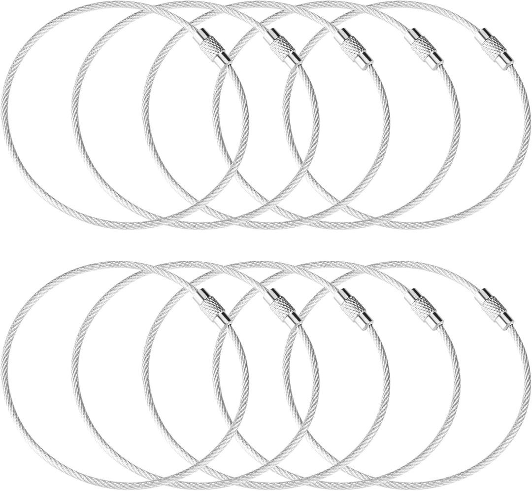 10 Inch Wire Keychain Cable,Large Stainless Steel Key Ring Loop Holder,Nylon Coated Screw Lock Key Rings,2mm Heavy Duty,Pack of 20,Silver