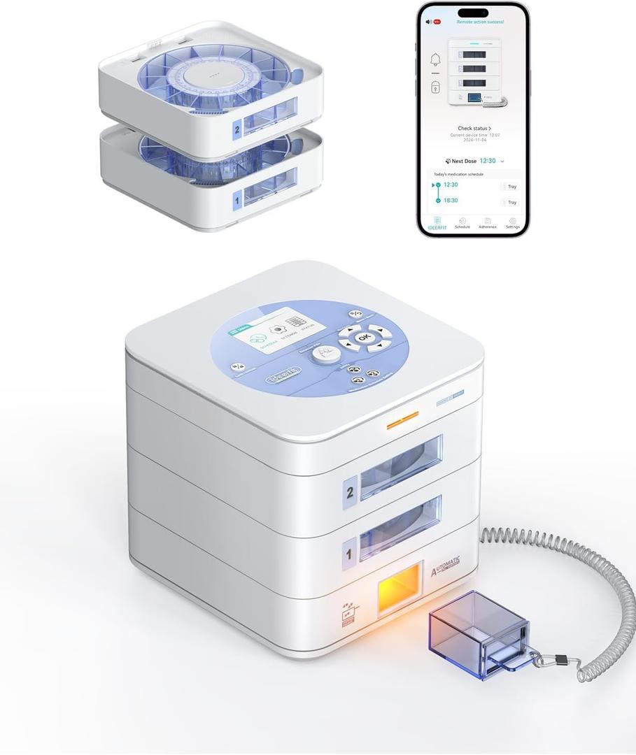 28-Day(1X) Automatic Pill Dispenser (Expandable Tray) App & On-Device Setup by Family, LCD Display, Digital Lock, Sound & Light Alerts- Safe Medication Organizer for Dementia Seniors (2-Tray, White)