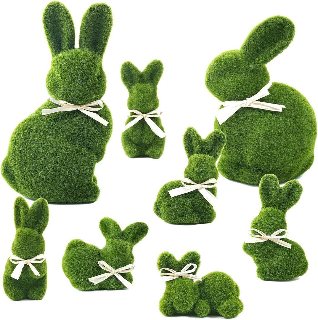 naturevibe 10/5 Inches Moss Easter Bunny Home Decor,Set of 8 Green Faux Moss Parents n Baby Rabbit for Easter Decorations,Cute Bunny Figurines as Spring Decor