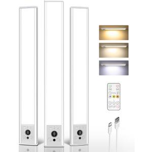 EZVALO 3-Pack Under Cabinet Lighting, 4000mAh Rechargeable Motion Sensor Light, 16inch Magnetic Closet Lights with Dimmable & 3 Color Temps, Wireless Motion Activated Lights with Remote for Kitchen