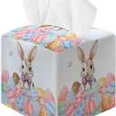Colorful Rabbit Eggs Tissue Box Cover, Easter Square Leather Tissue Holder with Bottom Belt, Decorative Facial Paper Organizer for Home Office Car Bathroom Vanity Countertop, Easter Decorations /11