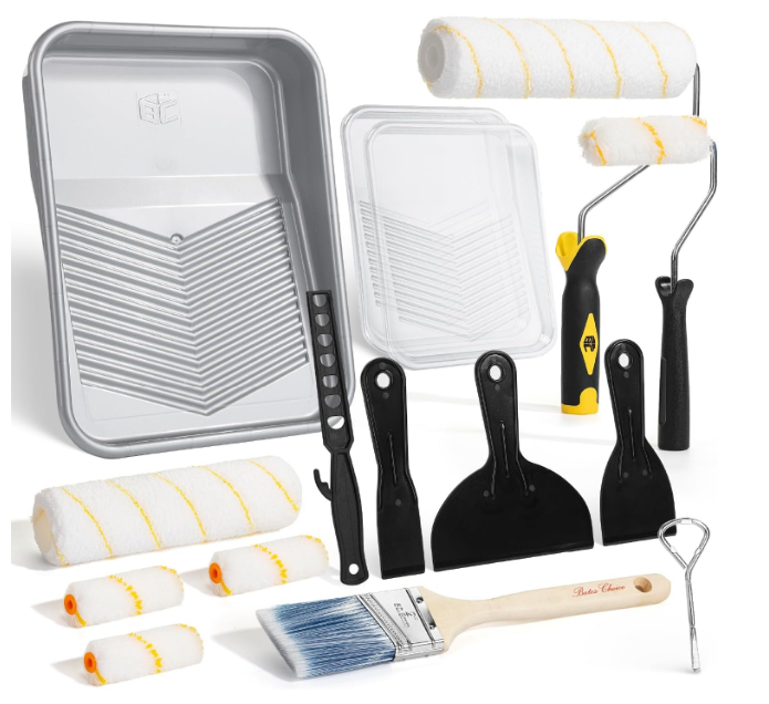 Bates 9 Inch Paint Roller Kit, 17 pcs, Plastic Paint Tray, Clear Disposable Tray Liners, 4" & 9" Roller Frame, Roller Covers 4" & 9", Angle Brush, Plastic Scrappers, Can Opener and Stirring Rod