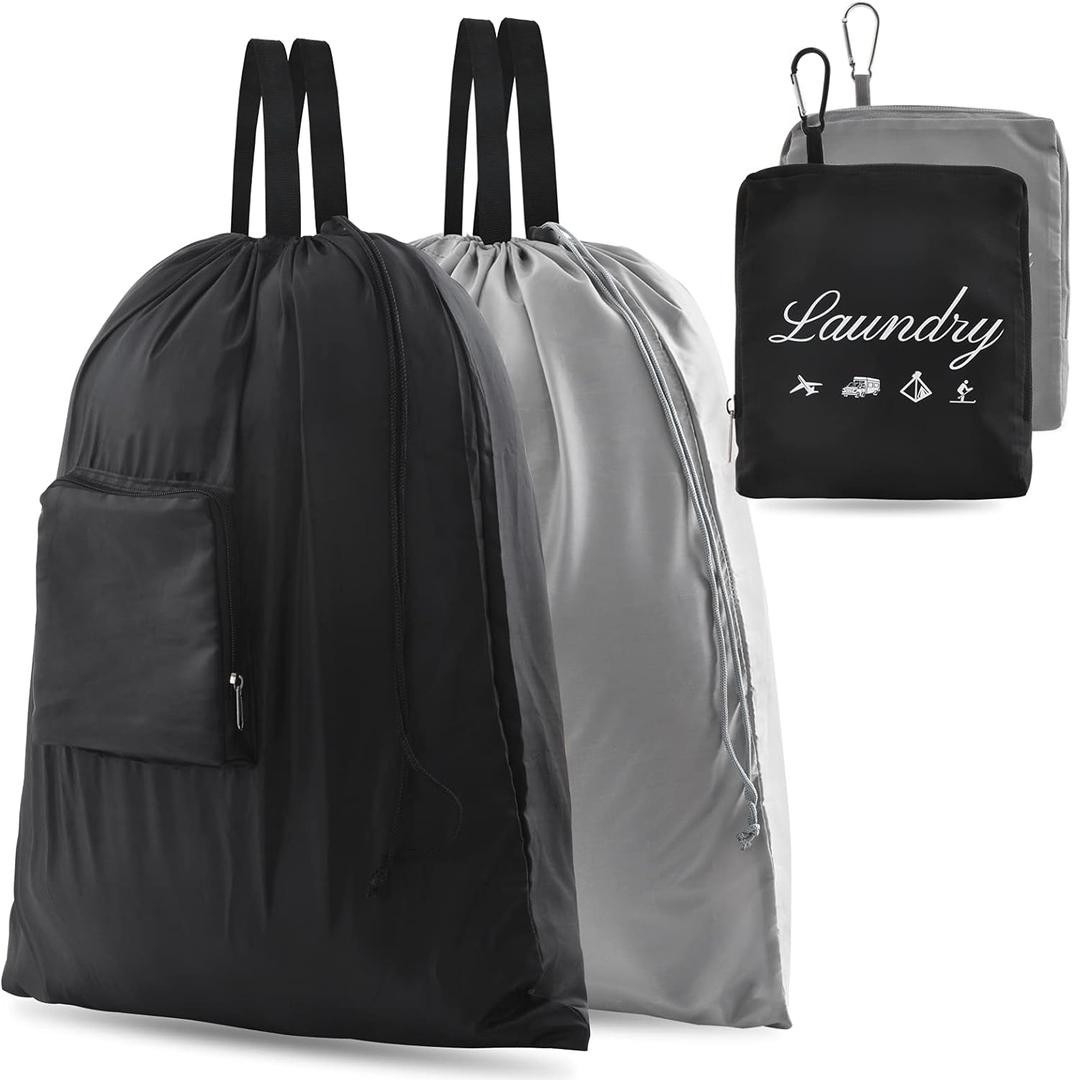 2 Pcs JHX Travel Laundry Bags, Dirty Clothes Organizer Upgraded with Handles and Aluminum Carabiner for Travel, Camp, Fitness, and Students (Black & Grey) 24"L x 21"W