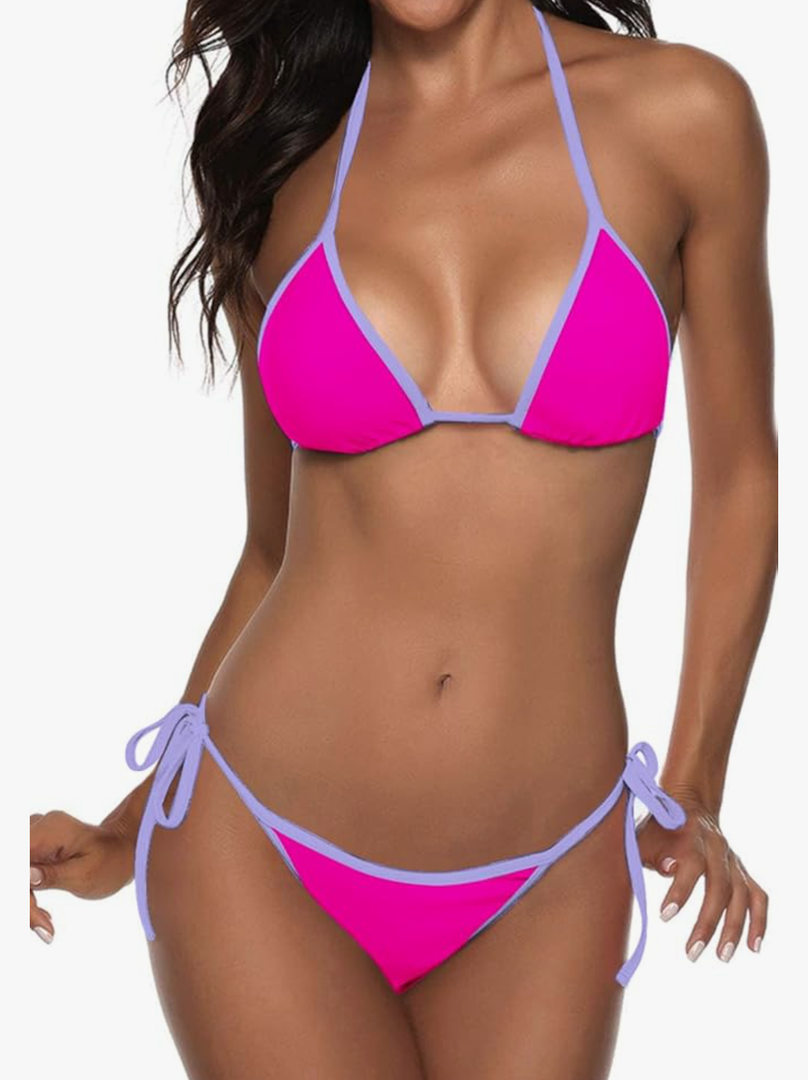 Suvimuga Women Two Piece Swimsuit Color Block Swimwear Halter String Triangle Bikini Sets Size M