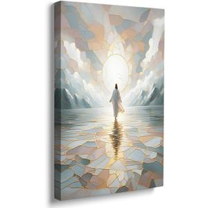 GUBIYU Jesus Wall Art - Jesus Walking on Water Kintsugi Canvas Prints - Christian Art Wall Decor for Church & Home - 16"x24" (White Ocean Blue Brown Art)