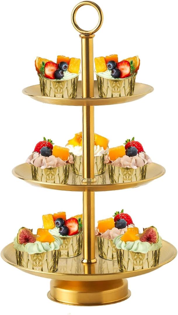 3 Tier Gold Metal Cupcake Stand Holder,Stainless Steel Cup Cake Stand Tower with Tiered Serving Tray and Base for Parties,Weddings,Birthdays and Any Festivals and Celebrations(with Base)