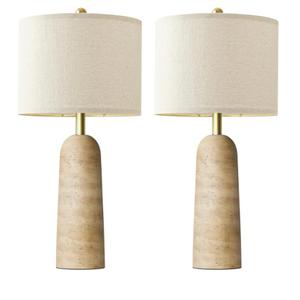 BOBOMOMO 27.25" Modern Table Lamp Set of 2, Warm Beige Resin Lamp with Natural Stone Look, Lamps for Living Room with Linen Shades, Bedside Lamp for Bedroom, Living Room, Nightstand, Entryway