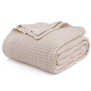 Bedsure 100% Cotton Beige Blanket Queen Size for Bed - Cooling Breathable and Soft for Summer, Thick Cozy Waffle Weave Blanket Gifts for Women, 90x90 Inches