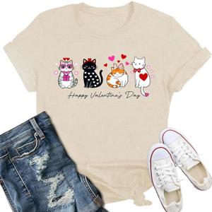 Valentines Day Shirts Women Cute Cat Pet Lover T-Shirt Love Heart Valentine Tee Tops (X-Large, Cream)