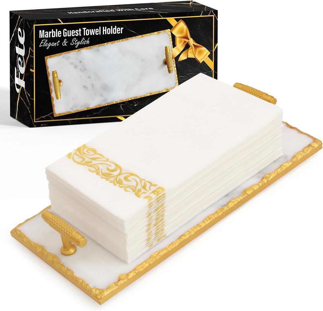 Guest Towel Holder Tray for Bathroom - Premium Marble Tray with Gold Rim - Bathroom Hand Towel Tray, The Perfect Vanity Tray for Bathroom. Ideal Valentines Day Gift.