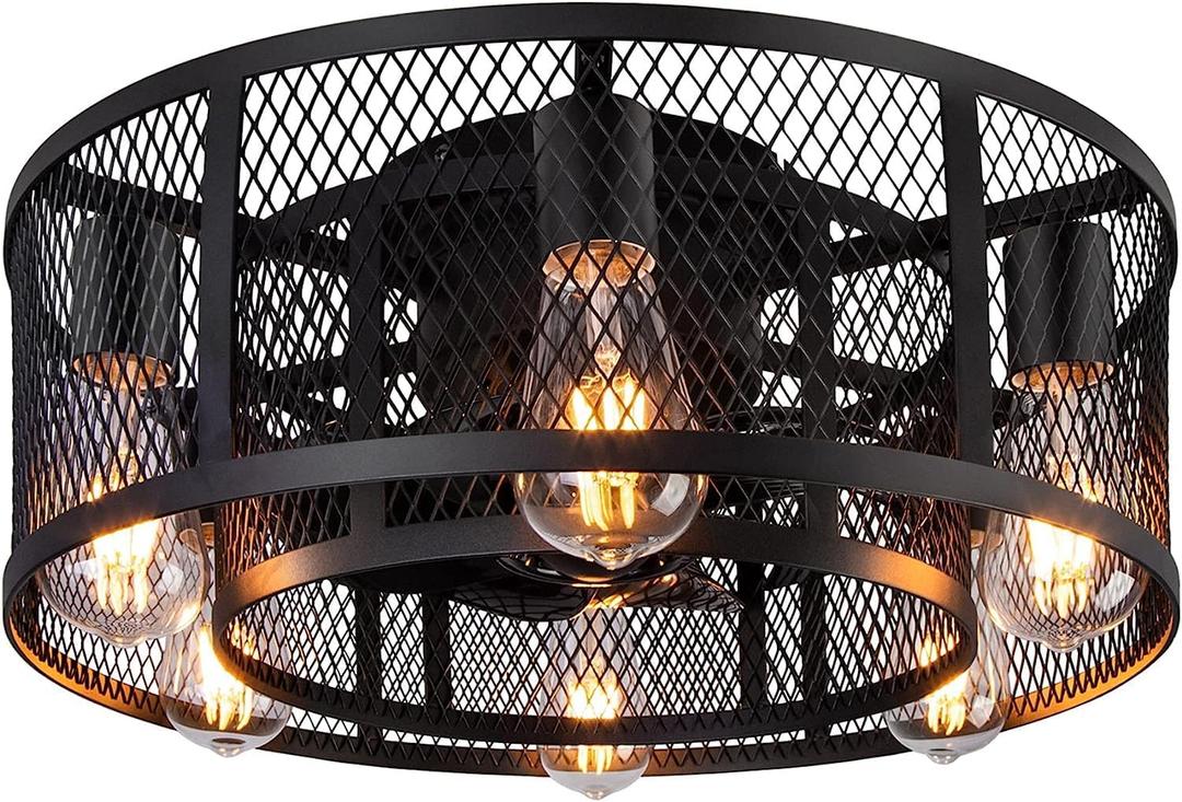 Ohniyou Cage Ceiling Fan with Light - 21'' Farmhouse Flush Mount Ceiling Fan Remote Control, Small Bladeless Caged Ceiling Fan for Kitchen Bedroom (Black)
