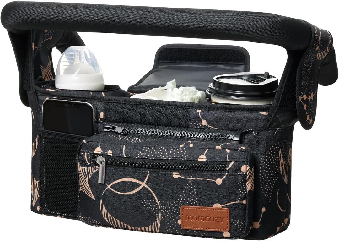 Momcozy Universal Baby Stroller Organizer, 2 Insulated Cup Holder, Detachable Zippered Pocket, Adjustable Shoulder Strap, Large capacity for baby essentials, Compact Design Fits Any Strollers
