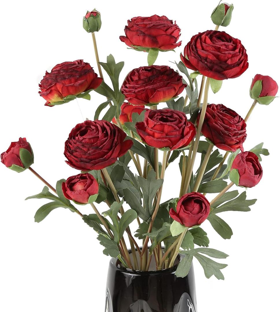 Ranunculus Artificial Flower,Silk Flowers Fake Persian Buttercup Flower 18 Heads Vintage Ranunculus Arrangement for Home Wedding Decoration Bride Table Centerpieces Floral Decor(Burgundy)