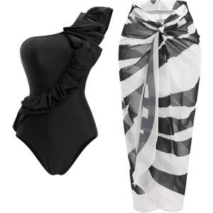 IDOPIP Women's One Piece Swimsuit with Beach Cover up Wrap Skirt Sarong Halter Floral Print Bikini Set Two Piece Bathing Suit (Medium, Black - Zebra)
