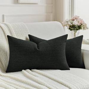 FUTEI Pack of 2 Chenille Decorative Throw Pillow Covers 12x20 Inch,Soft Cozy Faux Linen Textured Lumbar Pillow Cases,Farmhouse Home Decor for Couch Living Room,Black