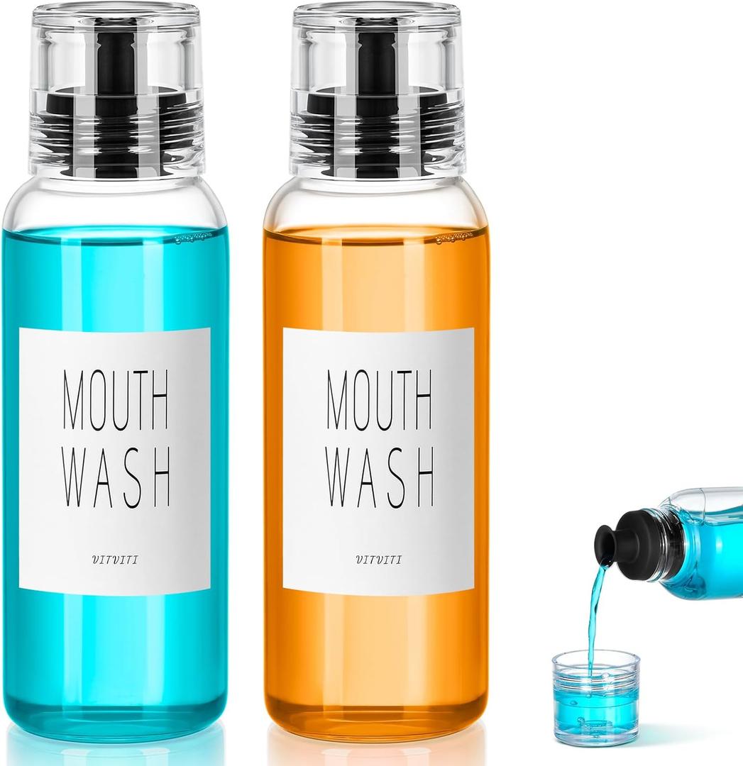 VITVITI Glass Mouthwash Dispenser for Bathroom, 10 OZ Mouth Wash Container Bottle with Lid Cup, Countertop Small Clear Refillable Mouthwash Dispensers Decanter, Set of 2 (Black)