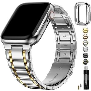 Fullmosa Compatible with Apple Watch Straps 41mm 40mm 38mm Stainless Steel Replacement iWatch Bands with TPU Protective Case for Series 9 8 7 6 5 4 3 2 1 SE, Silver with Gold