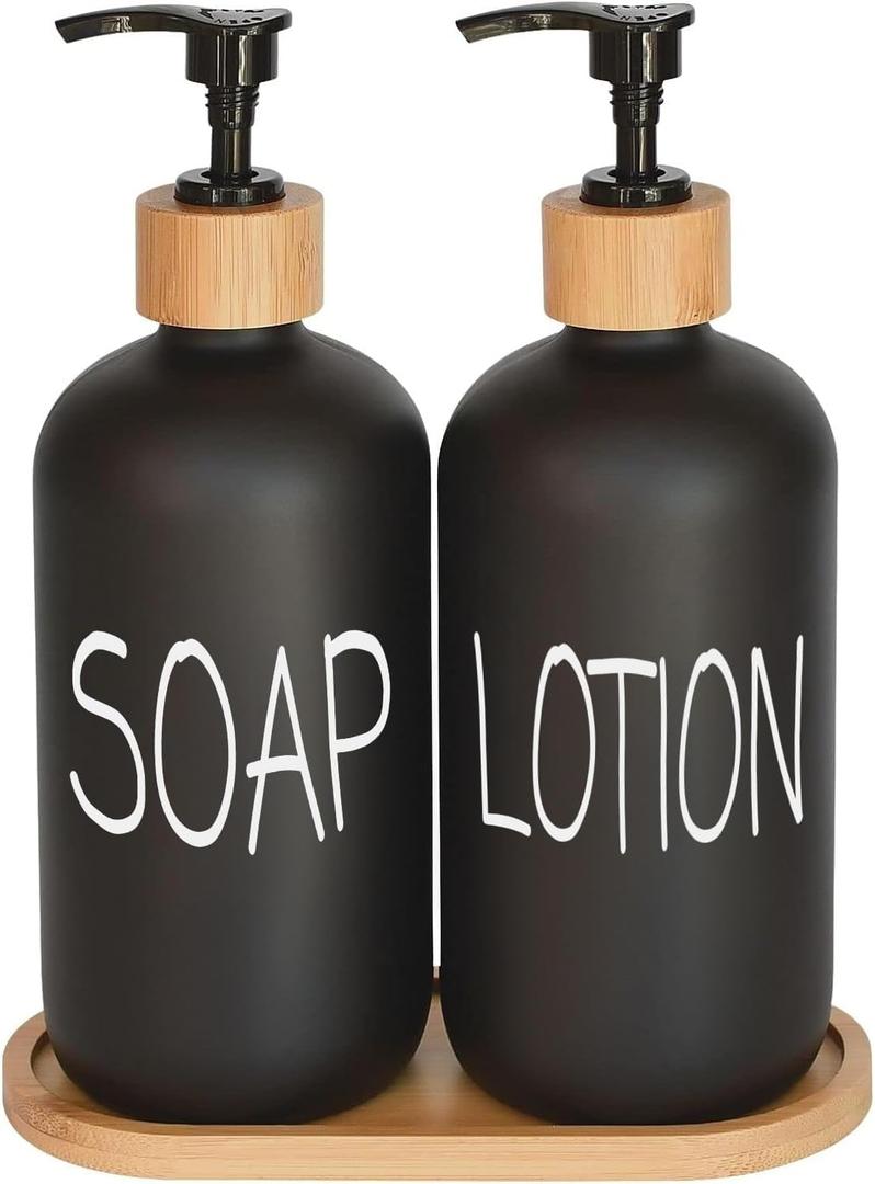 2 x Black Soap Dispenser Bathroom Set, Set with Glass Dispenser, Bamboo Pumps & Tray. Hand and Lotion Suitable for Farmhouse Decor