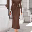 ZESICA Womens 2026 Fall Long Sleeve Mock Neck Bodycon Midi Dress Ruched Knit Elegant Party Cocktail Formal Dresses (Brown, M)