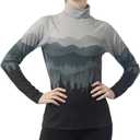 Women's Slim Fit Turtleneck Performance Base Layer - Mountain & Forest Print, Moisture-Wicking Long Sleeve Top (L)