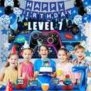 Video Game 7th Birthday Decorations for Boys, Blue Level 7 Party Decor Kits for Boy, 7 Years Old Game Supplies- Backdrop Honeycomb balls Hanging Swirls Centerpieces Balloons Tablecloth Cake topper