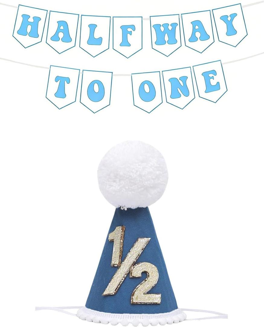 Half Birthday Hat for Boy Girls, Baby 1/2 Birthday Cone Hat And Half Banner for Six Months Party Decoration (Blue)