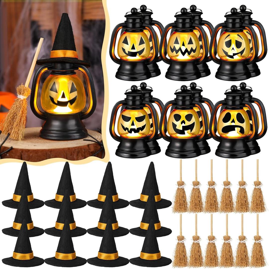 Ferraycle 12 Pack Halloween Mini Lantern Decor with Witch Hats and Broom Halloween Horrible Expression Mini Lantern Pumpkin Decoration Bulk Hanging Lantern Table Centerpiece for Halloween Party Decor
