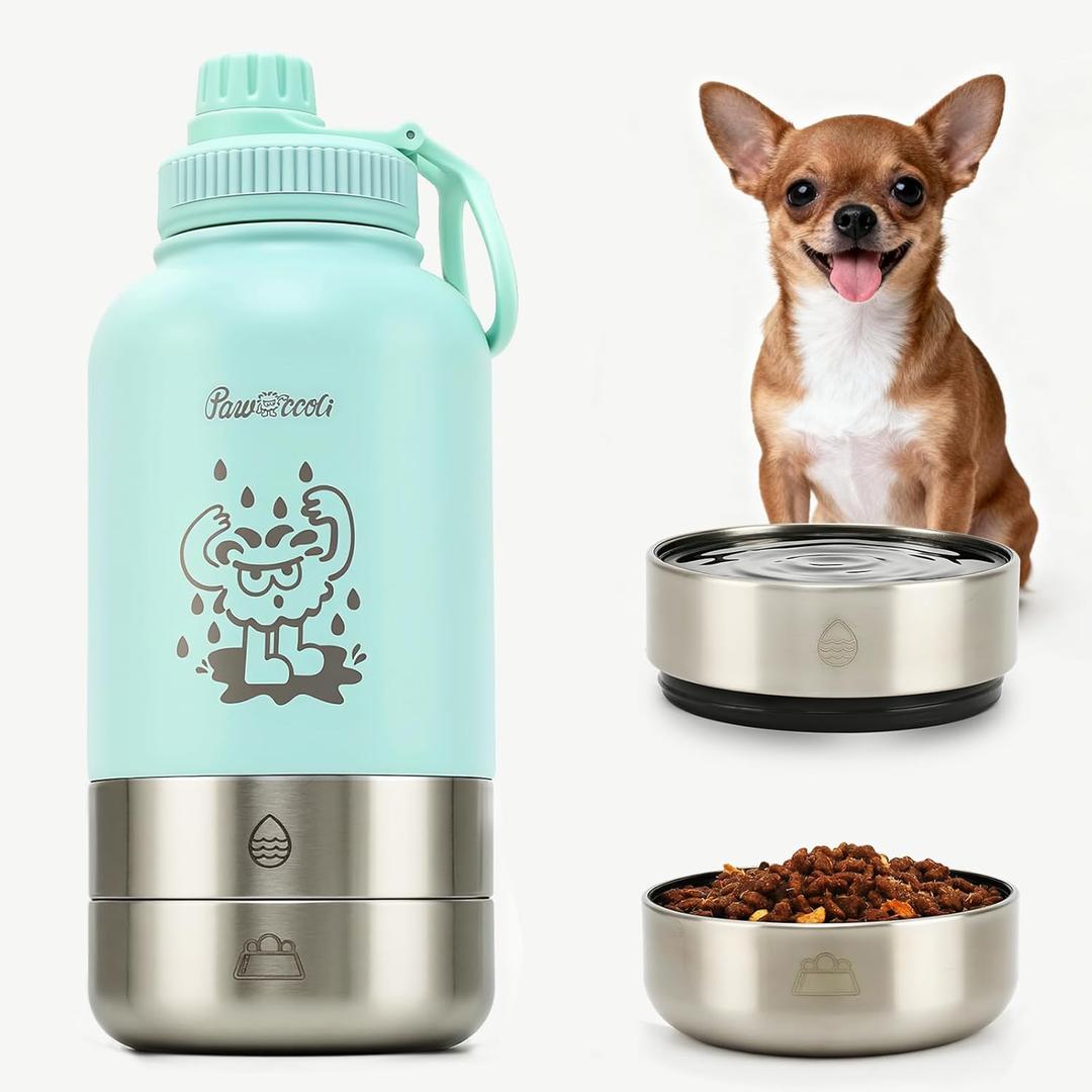 34oz Dog Water Bottle, Stainless Steel Dog Water Bottle Dispenser with Detachable Food & Water Bowls, Keeps Water Hot/Cold, for Walking, Hiking, Camping(Pale Blue)