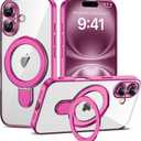 Compatible with iPhone 16 Case with Magnetic Ring Stand [Compatible with Mag-Safe] [Full Camera Lens Protector] Soft Plating Clear Phone Case for iPhone 16 6.1", Rose