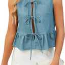 Denim Tops for Women Jean Vest Top Sleeveless V Neck Waistcoats Suit Denim Vest Bow Tie Front Peplum Crop Tank Tops (Small, 01-light Blue)