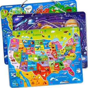 QUOKKA Magnetic Toddler Puzzles Ages 35  3 Educational Travel Games Puzzles for Kids Ages 46  Space, USA and World Map Learning Toys for Boy and Girl 24 Learn United States