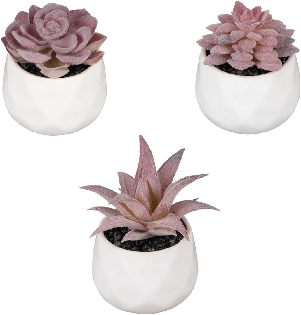 Set of 3 Artificial Succulent Plants with Ceramic Flower Pot Mini Assorted Green Fake Plants in Pots Small Tabletop Ornament Artificial Plant