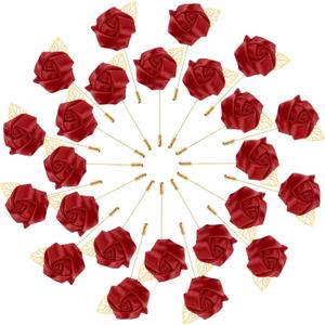 M METERXITY 48-Pack Flower Lapel Pins for Men, Golden Leaf Rose Boutonnieres Pin Groom Boutonnieres for Wedding/Dance/Party, Men Lapel Pins for Suits Satin Flower Corsage [Wine Red]