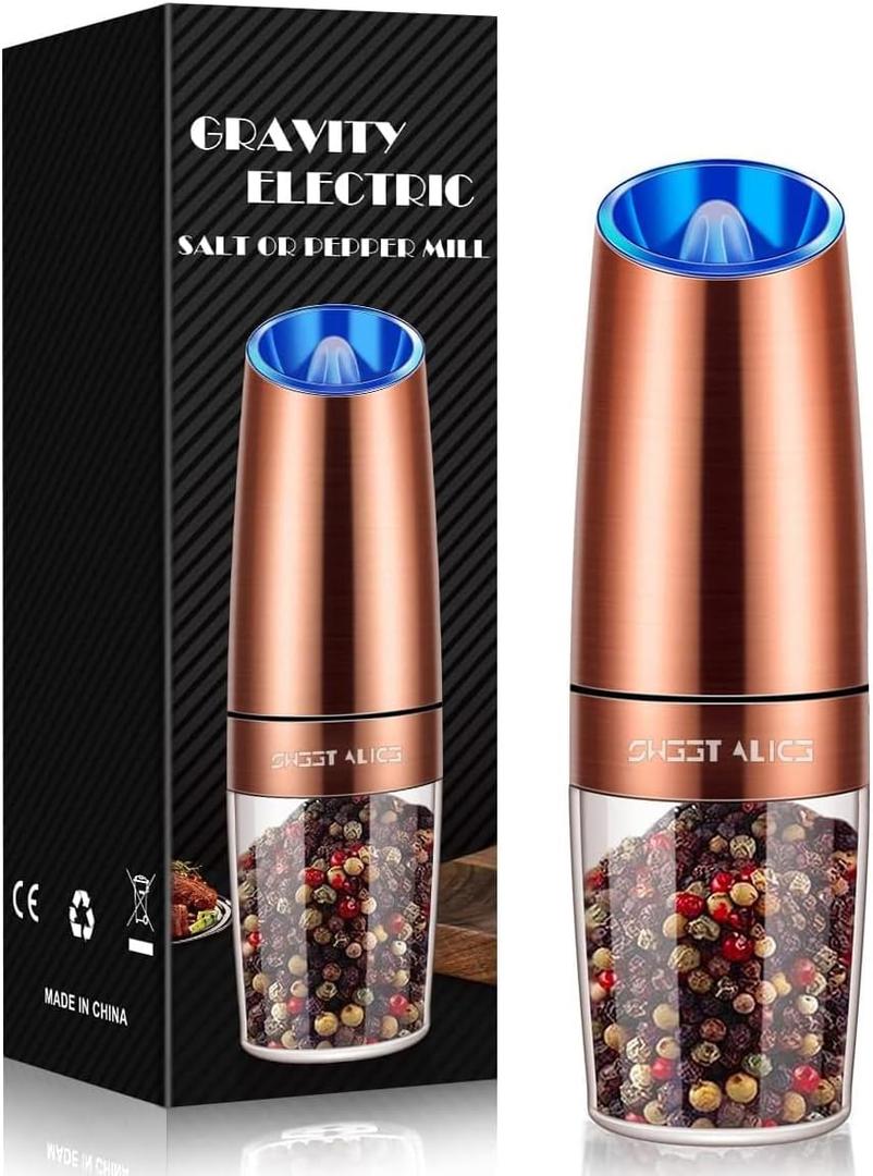 Sweet Alice Gravity Electric Pepper/Salt Grinder, Salt or Pepper Mill, Adjustable Coarseness, Battery Powered with LED Light, One Hand Automatic Operation, Stainless Steel (Single/Copper) (2.5*2.5*7.9inch)