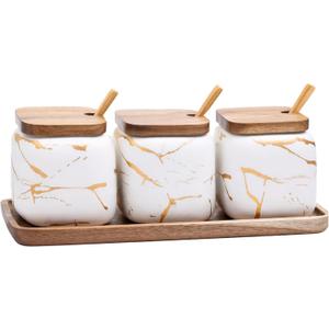 3 Pcs Sugar Bowls Ceramic Coffee Jar Set Ceramic Seasoning Jar with Lid Spoon and Tray/Food Storage Canister (White)