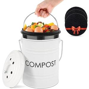 Vipush Compost Bin with Lid Small Countertop Compost Bin includes Inner Liner & 3 Charcoal Filters, White