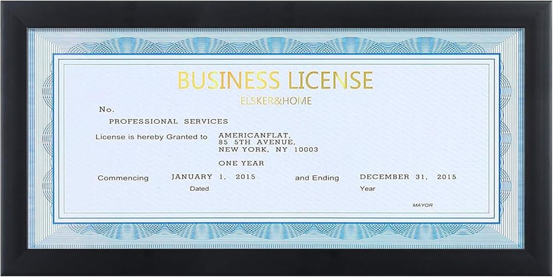 ELSKER&HOME 4x9 Business License Frame Black for 4 x 9 Standard Business Licence, Wall or Tabletop Display Panoramic Picture with No Mat (1 Pack)
