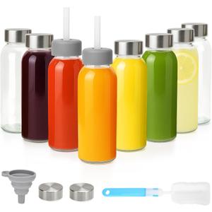 Zukro 10.5oz Glass Juice & Water Bottles with Stainless Steel Lids 8 Pack | Leak Proof Reusable Small Clear Drinking Bottle With Straw for Juicing, Smoothie, Dishwasher & Fridge Safe, BPA Free
