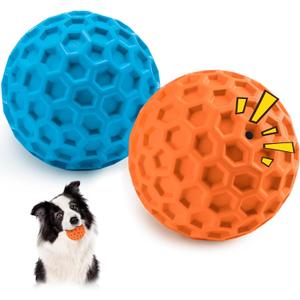 HIPPIH Indestructible Squeaky Dog Toys, Interactive Dog Balls 2 Pack, Chew Toys for Aggressive Chewers, Natural Rubber Puppy Toy for Large/Medium Dogs, Tough Puppy Teething Toy, Relieve Anxiety (3.15inch+3.15inch, Blue+Orange)