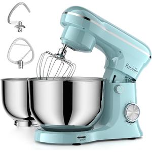 Facelle Tilt-Head Stand Mixer, 5QT+6QT Stainless Steel Two Bowls, 10 Speeds Kitchen Electric Food Mixer with Egg Whisk, Dough Hook, Beater, Dishwasher-Safe Attachment, Ideal Gift for Mom (Blue)