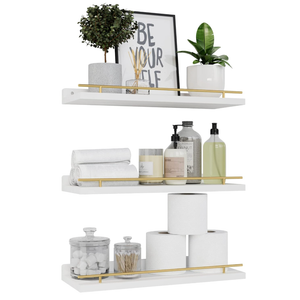 WOPITUES Floating Shelves with Gold Metal Guardrail, Shelves for Wall Decor Set of 3, Wall Shelves for Bedroom, Bathroom, Kitchen, Living Room, Plants, Picture Frames, Art Black and Gold