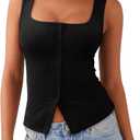 REORIA Womens Going Out Tops Cute Ribbed Button Down Square Neck Sleeveless Vest Crop Tank Top (Black, S)
