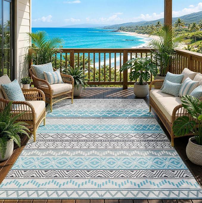 Outdoor Rug 6 x9 ft, Plastic Rug for Patio, Blue & Grey | Waterproof, Reversible, Large Outdoor Carpet for RV, Patio, Camping, Backyard, Deck, Picnic, Beach
