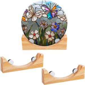 2 Pcs 8 Inch Wood Adjustable Round Glass Display Stands Easel for Glass Art Creations Stained Photos Ceramic Tiles Plaques Collectibles Home Office Trade Show