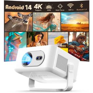 2025 Android 14 Smart Projector 4K & 8K Support, Portable Projector with WiFi 6 and Bluetooth 5.4, Auto Focus & Vertical Keystone, 180Rotatable, Mini Proyector for Outdoor Home HY300Max (White + Silver)