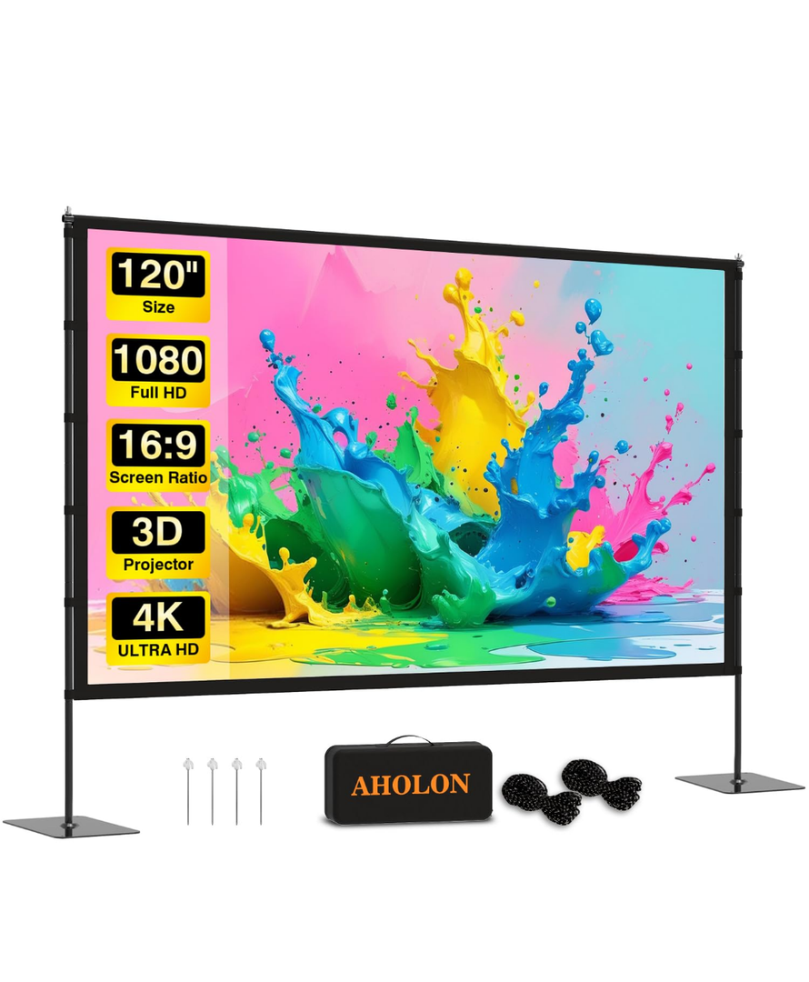 Outdoor Projector Screen with Stand - 120 inch Portable Projector Screens Indoor Outdoor Projector Screen 16:9 4K HD Outdoor Movie Screen with Carry Bag,Enioy Home Theater Projection Screen.
