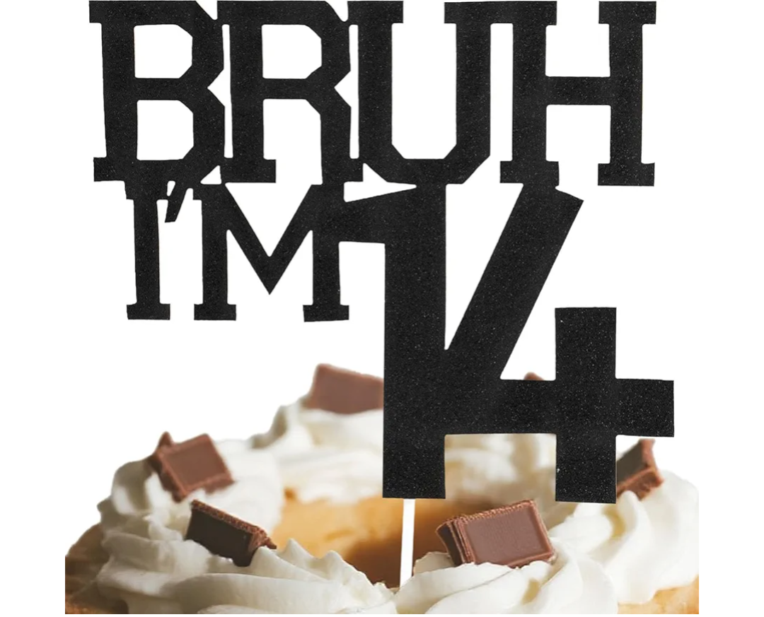 Bruh I'm 14 Cake Topper, Black Glitter Happy 14th Birthday Cake Number Decoration for Boys Girls Teen 14 Year Old Funny Party Celebration Supplies