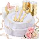Nervure 175PCS White and Gold Plastic Plates - Disposable Dinnerware Set Include 50 Gold Plates for Dinner and Dessert, 75 Cutlery, 25Cups 25Napkins for Wedding & Party & Mothers Day