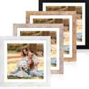 iRahmen 12x12 Picture Frame Set of 4 with Tempered Glass, Display 10x10 Picture with Mat or 12 x 12 Without Mat, Mixed Color Wood Photo Frames for Tabletop Display and Wall Mounting